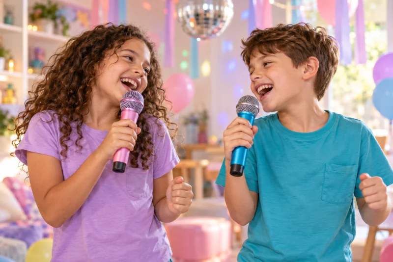 Djeca zajedno pjevaju u šarene mikrofone na karaoke proslavi.