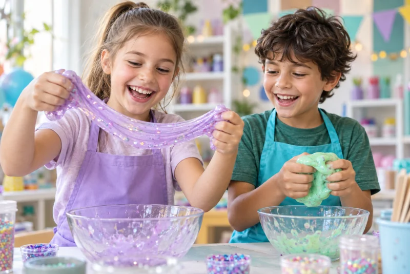 Djeca se smiju dok rastežu ljubičasti i zeleni slime.